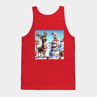 Rudolph, an Elf and a Snowman at the North Pole Tank Top